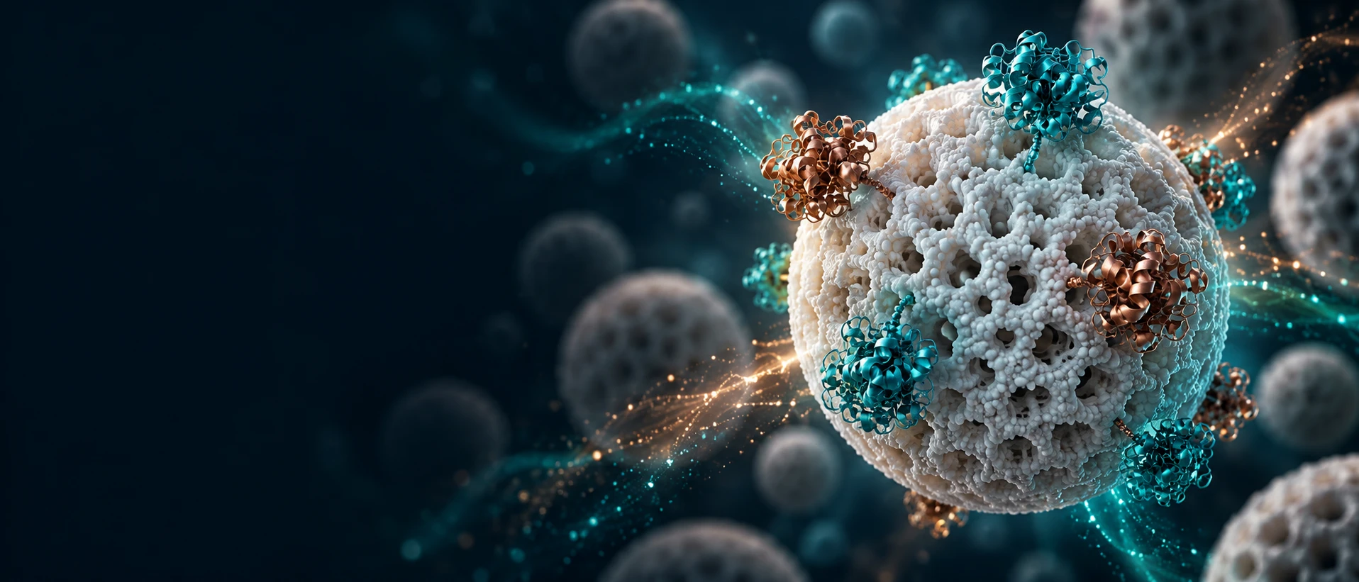 Conceptual macro visualisation of enzyme structures attached to a porous silica sphere